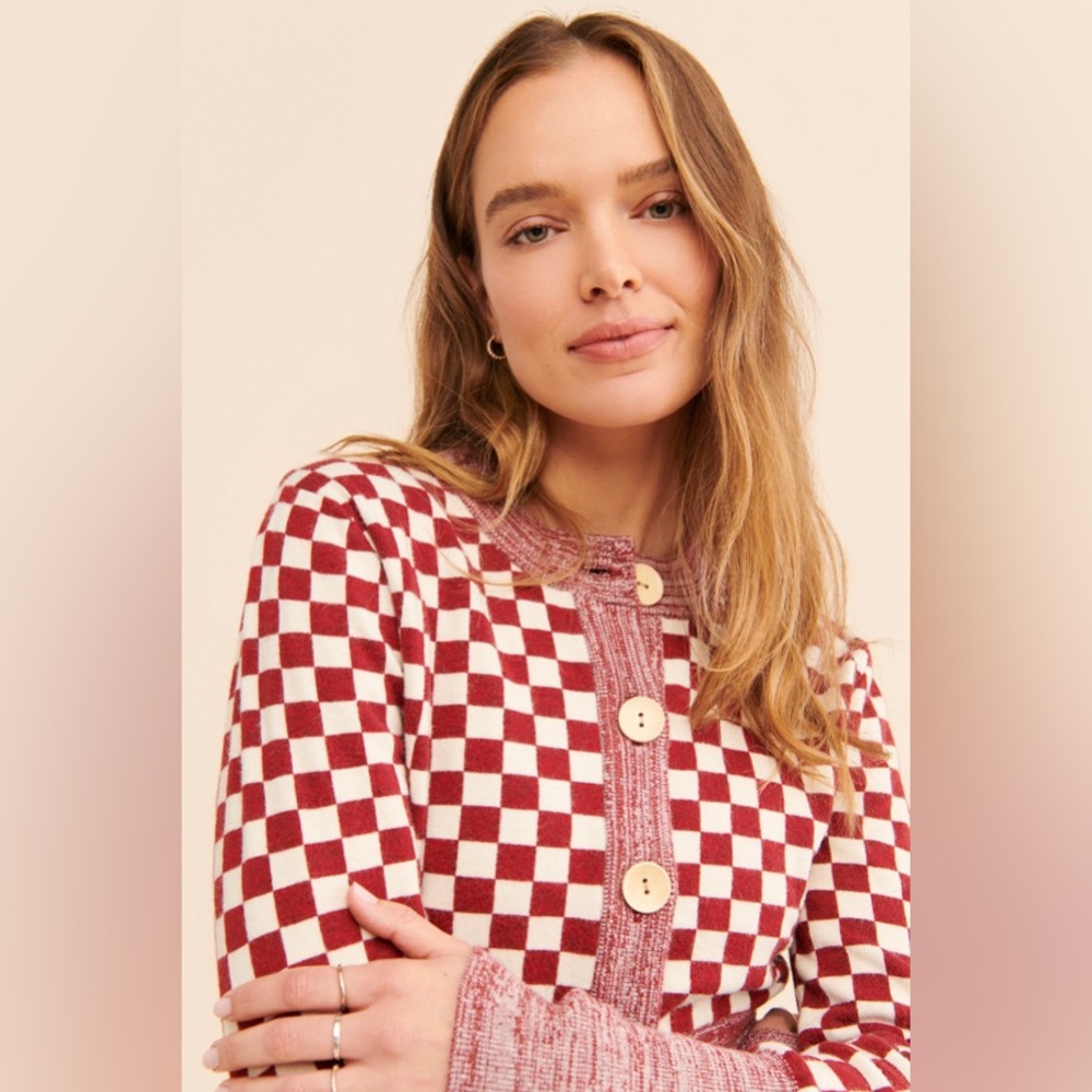 Find Me Now Presley Knit Cardigan - Large - Red and Cream Checker - Cropped